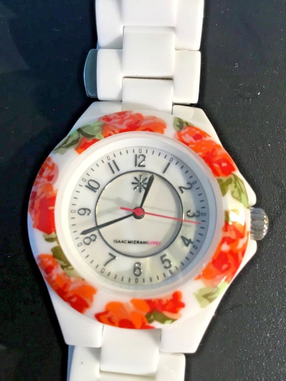 Isaac Mizrahi watch orange/red ceramic links floral bezel silvertone new battery - Picture 2 of 10
